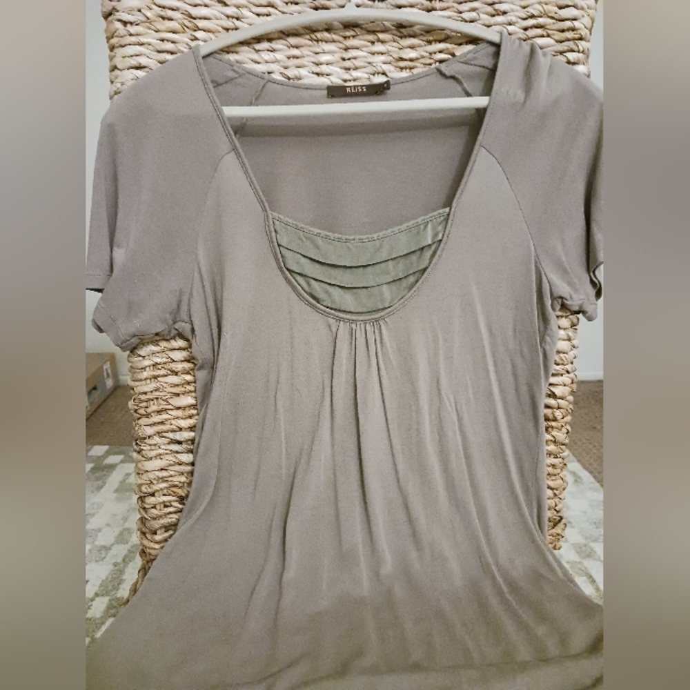 Reiss Top, Jersey Modal, Silk Insert,  Small, Short Sleeves, Taupe, never worn
